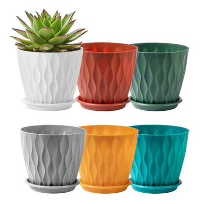 FaithLand 6-Pack 6-Inch Plastic Plant Pots with Saucers | Thickened PP Material, Modern Wave Texture, Enhanced Drainage for Indoor/Outdoor Garden Plants | Multicolor Value Set
