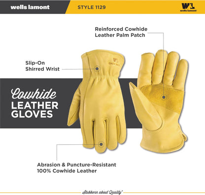 Wells Lamont Men's Work Gloves, Cowhide Leather, Reinforced Palm, Medium