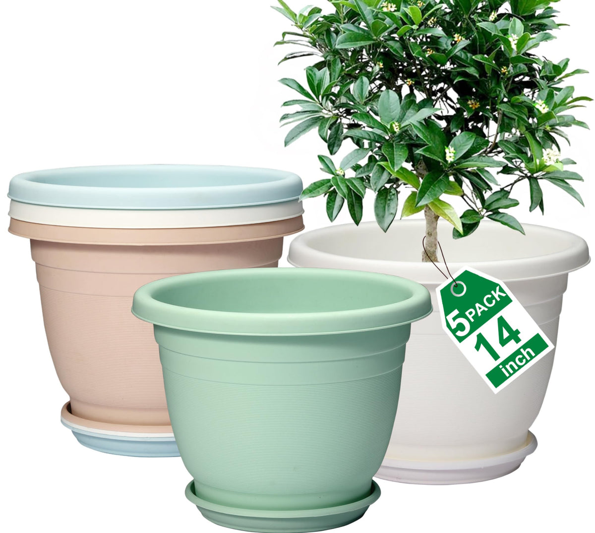 5 Packs 10 inch Flower Pots + Saucers, Large Indoor & Outdoor Pot