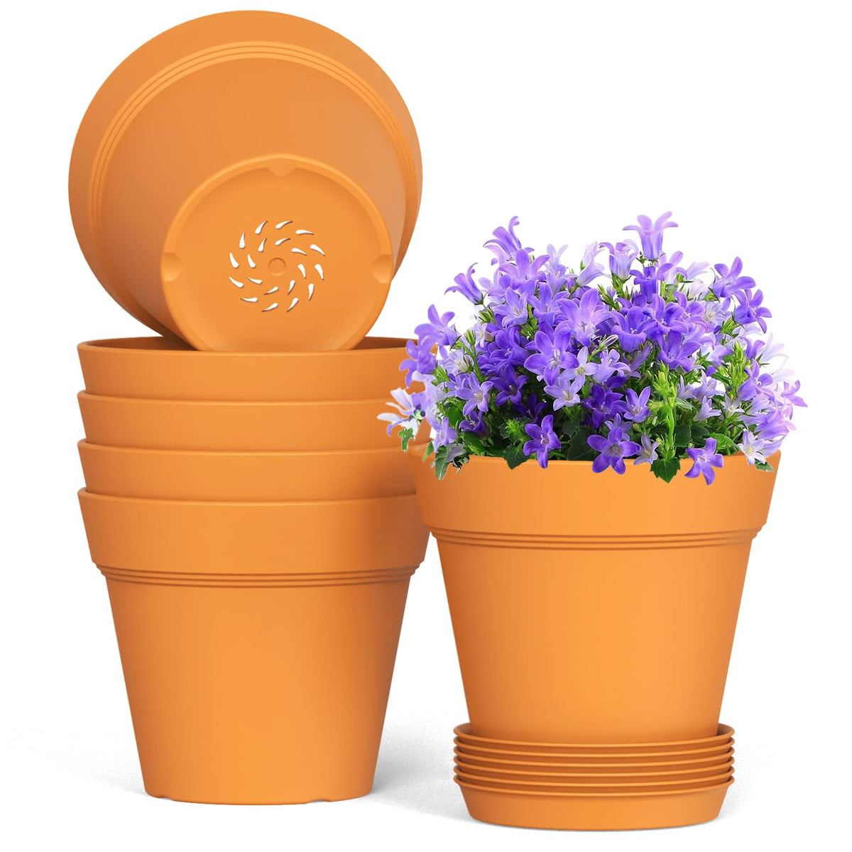 WSMKSZ 4 Inch Plastic Plant Pots with Drainage Holes and Trays – 8 Pack Small Nursery Pots for Indoor & Outdoor House Plants and Flowers, Seedling Starter Planters, Terracotta