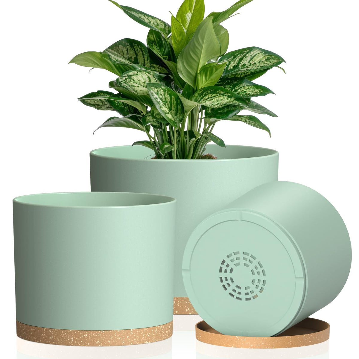 Plant Pots, 10/9/8 Inch 3 Pack Cylindrical Flower Pots with Drainage Holes and Saucers, Plastic Planters for Outdoor Indoor Plants,Black