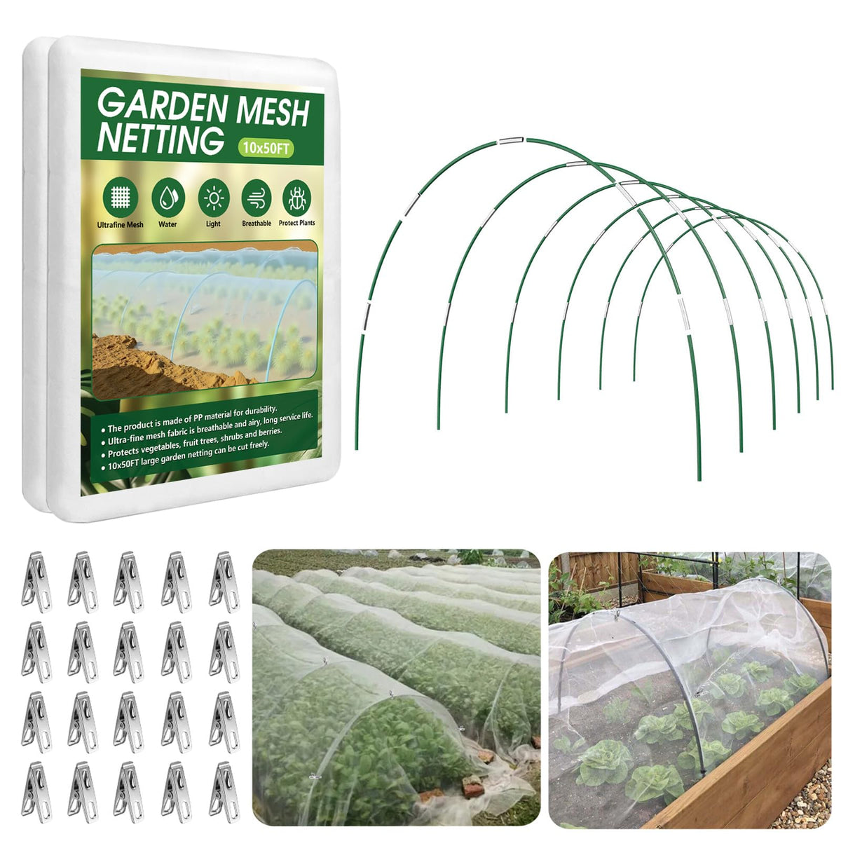 Garden Netting Kit for Raised Beds, 10x30FT Ultra Fine Mesh Netting＆ 6 Sets of 8FT Fiberglass Garden Hoops, Row Cover Insect Netting for Vegetable Plant Fruit Flowers Protection