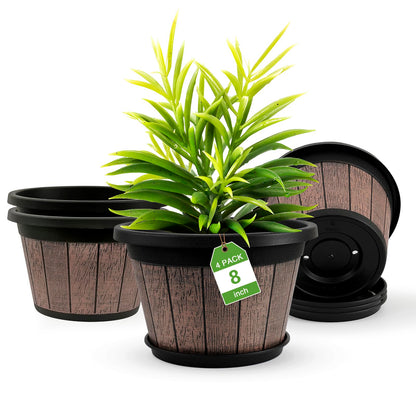 Quarut 4 Pack 10 inch Plant Pots,Whiskey Barrel Planters for Indoor Outdoor
