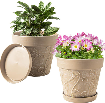 Melphoe Plant Pots Indoor with Drainage & Saucer, 2Pack 7 inch Flower Pots Outdoor Planters for Indoor Plants Garden Home Decor Cactus Succulent, Rigid Plastic (Imitation-Terracotta) Vine-Embossed