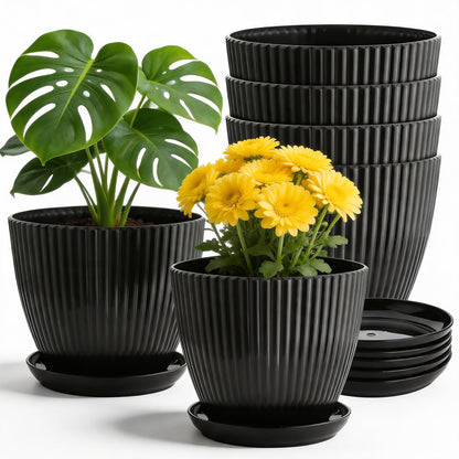 RooTrimmer 7.5 Inch Plastic Pots, 6 Pack with Drain Holes & Saucers