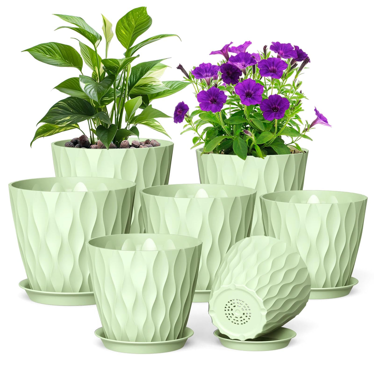 Meowell 7/6.5/6/5.5/5/4.5/4 inch Plant Pots for Indoor Outdoor Plants, 7 Pack Thick Flower Pots with Drainage Holes and Saucers, Modern Wave Texture Small Plastic Planters Nursery Pots, Multicolor