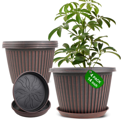 Myfeegoin Planter-Pots-for-Plants-Indoor-Outdoor, 4 Pack 10 Inch Plastic Flower Pots with Saucer & Drainage Holes, Modern Garden Planters for Planting Medium Large Plants，Decorative Resin Garden Pots