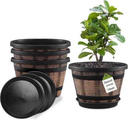 Quarut Plant Pots Set of 4 Pack 12 inch,Large Whiskey Barrel Planters with Drainage Holes & Saucer.Plastic Flower Pots Imitation Wine Barrel Design, for Indoor & Outdoor Garden Home Plants (Brown)