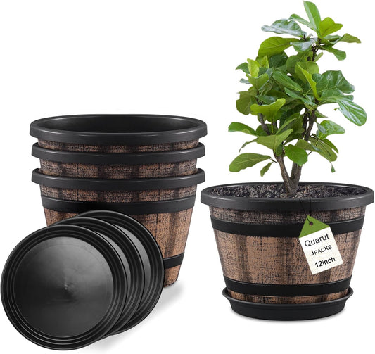 Quarut Plant Pots Set of 4 Pack 12 inch,Large Whiskey Barrel Planters with Drainage Holes & Saucer.Plastic Flower Pots Imitation Wine Barrel Design, for Indoor & Outdoor Garden Home Plants (Brown)