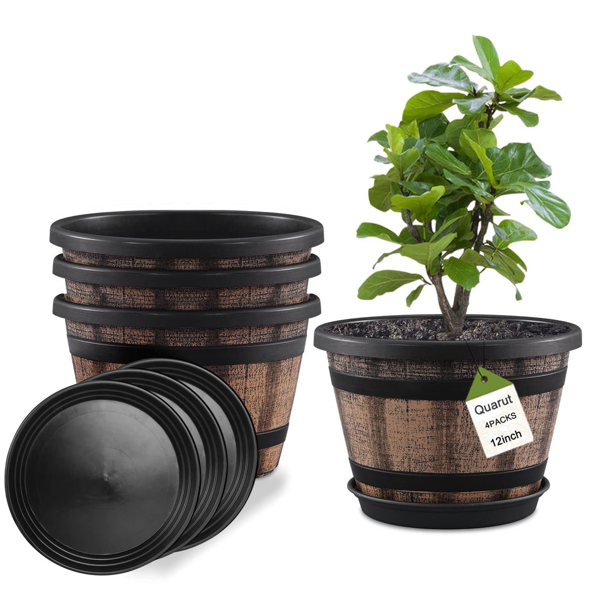 Quarut 3 Pack 10 inch Plant Pots,Whiskey Barrel Planters with Drainage Holes & Saucer, Plastic Decoration Flower Pots Imitation Wine Barrel Design, for Indoor & Outdoor Garden Home Plants (Brown)