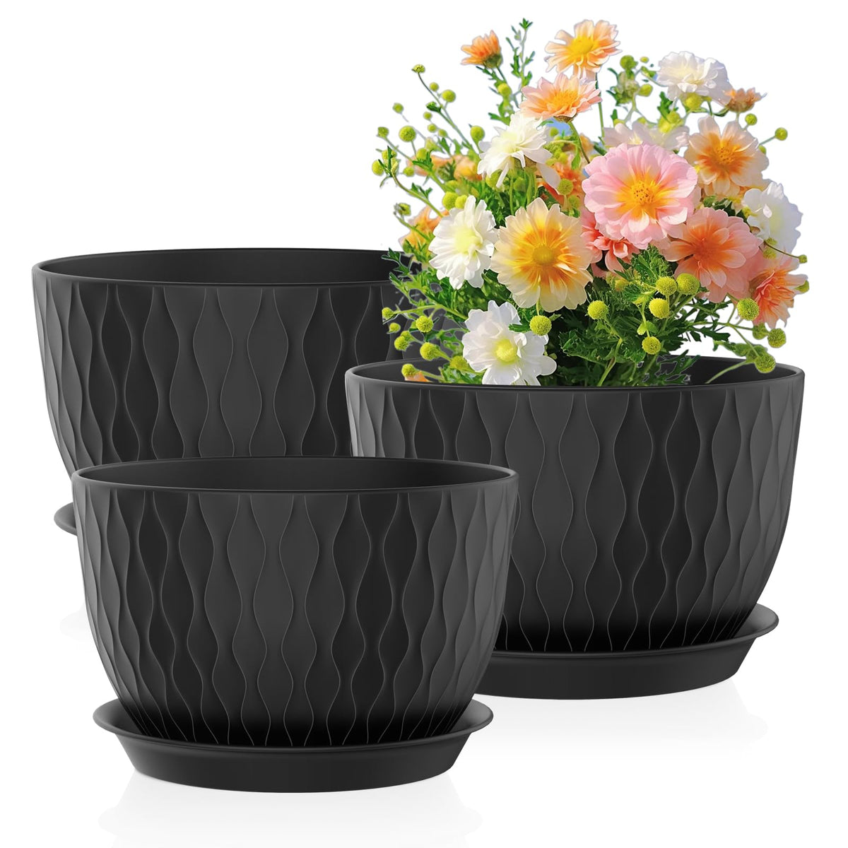 Meowell 12/10/9 inch Large Plant Pots, 3 Pack Wide Flower Pots for Outdoor Indoor Plants with Water Ripples, Big Plastic Planters with Drainage Holes and Saucers for Garden House Plants, White