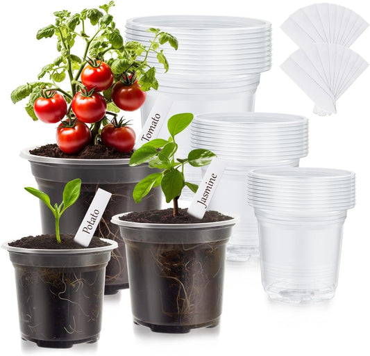 30 Pack Clear Nursery Plant Pots, 3.5/4/5 In with Drainage Holes, 20 Labels