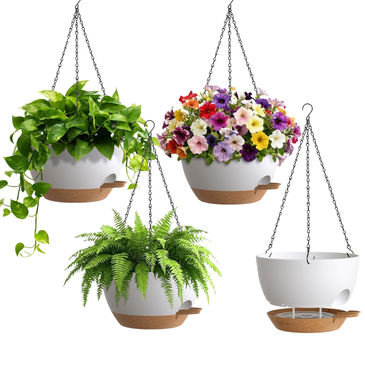 UOUZ Set of 3-10 Inch Self Watering Hanging Planters for Indoor Outdoor，Hanging Plant Pots with Drainage & Removable Tray, Hanging Pots Holder for Ivy, Pothos, Ferns, Balcony & Patio, Black with Brown