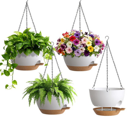 UOUZ Set of 3-10 Inch Self Watering Hanging Planters for Indoor Outdoor，Hanging Plant Pots with Drainage & Removable Tray, Hanging Pots Holder for Ivy, Pothos, Ferns, Balcony & Patio, Black with Brown