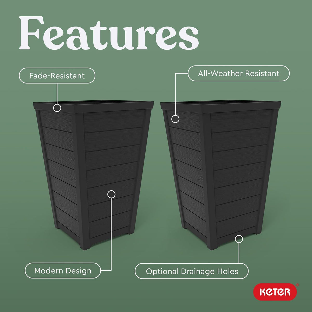 Keter Set of 2 Resin Modern Outdoor 22 Inch Tall Large Flower Pots, Tapered Wood Look Planters for Outdoor Plants and Front Porch Decor, Graphite