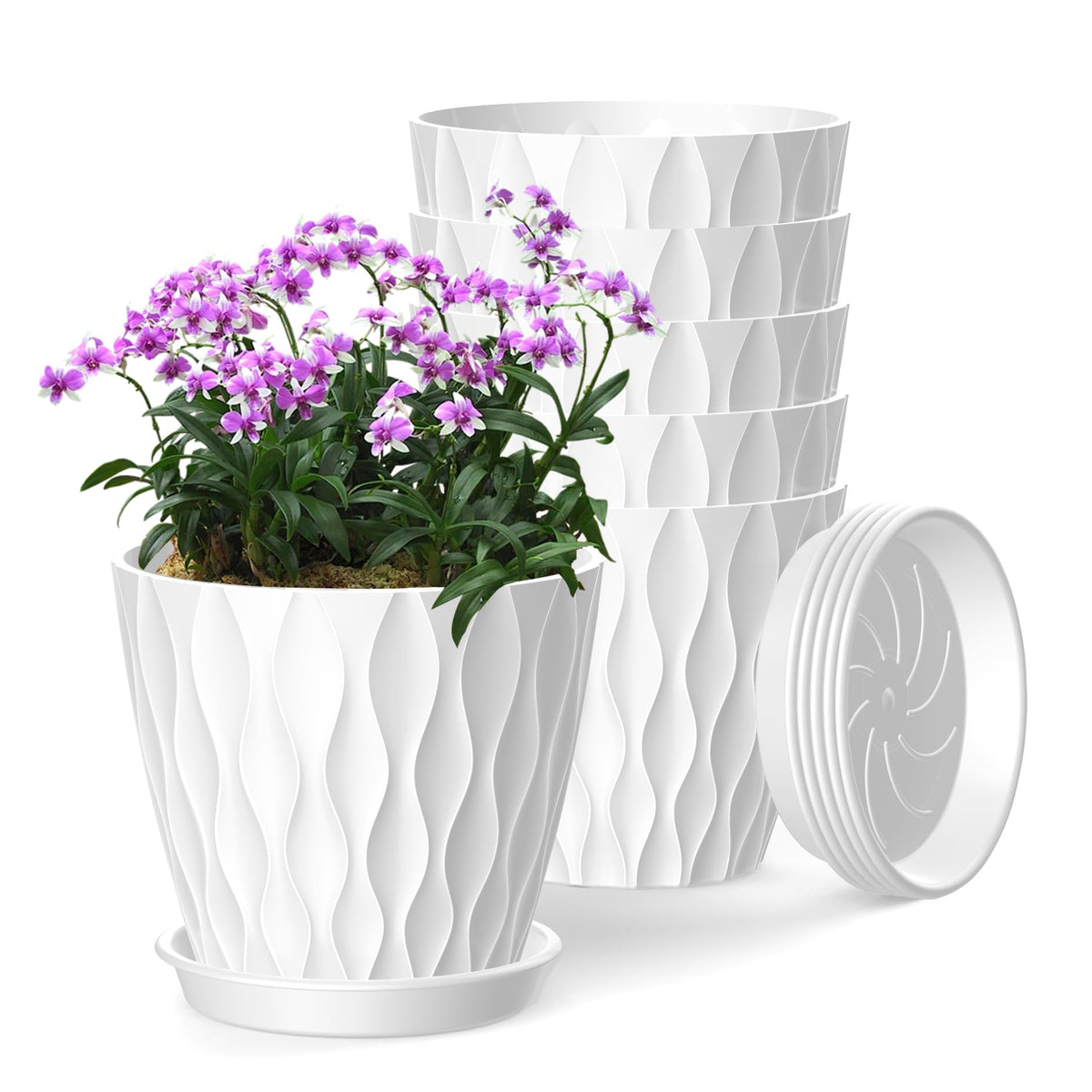 4 Inch Plant Pots, 6 Pack Indoor Flower Pots, Planters with Drainage Holes and Trays for Orchids, Violets, Succulents, Herbs, and Other Plants,White