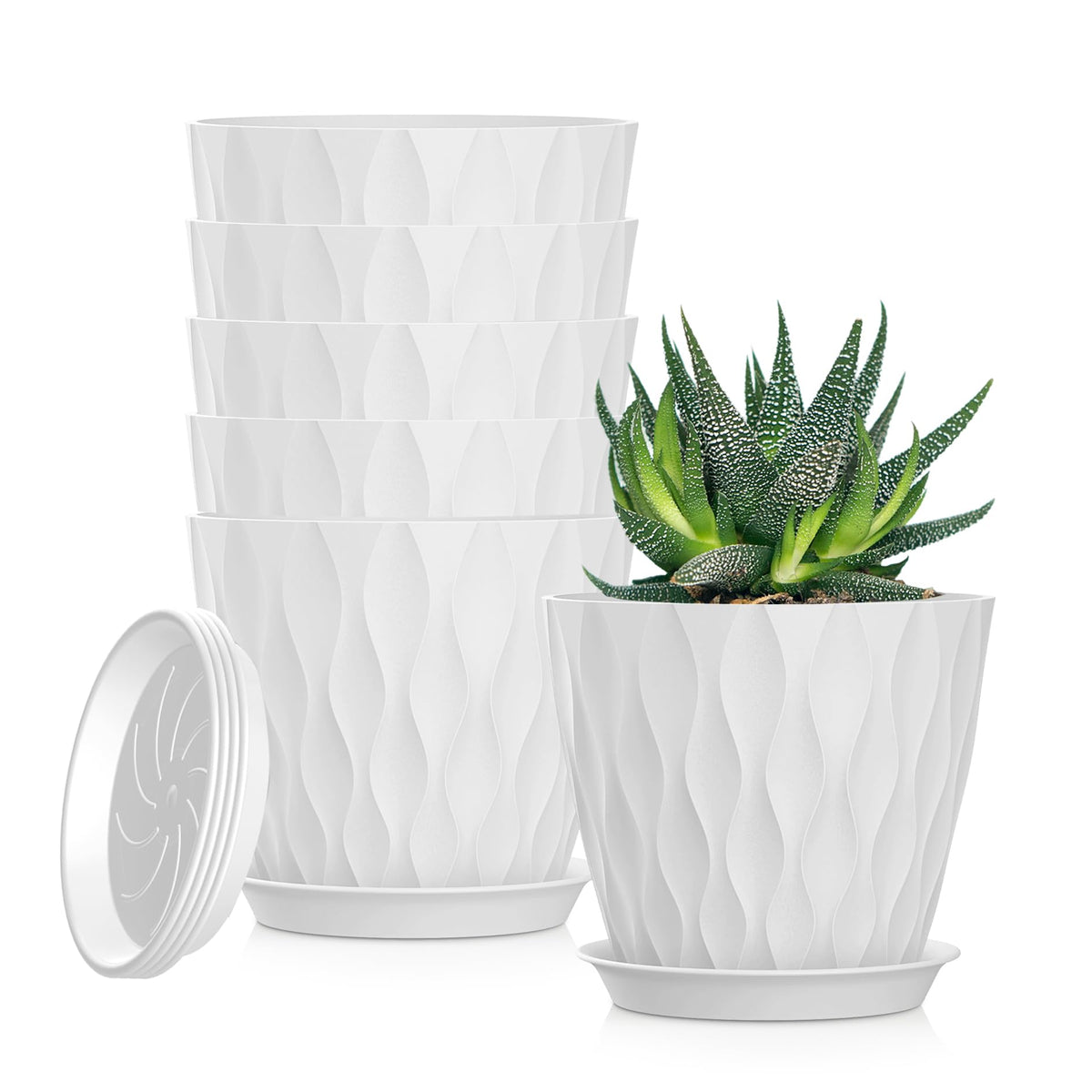 4 Inch Plant Pots, 6 Pack Indoor Flower Pots, Planters with Drainage Holes and Trays for Orchids, Violets, Succulents, Herbs, and Other Plants,White