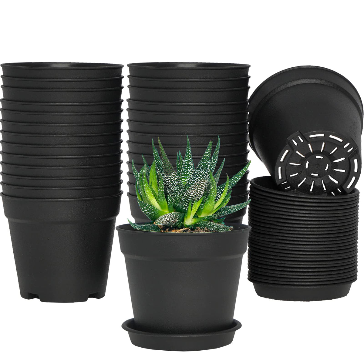 SwinDuck 28 Pack 4 inch Small Plant Pots, Plastic Planters with Drainage Holes and Saucers for Flowers Plants, Succulents, Seed Starting Pots, White