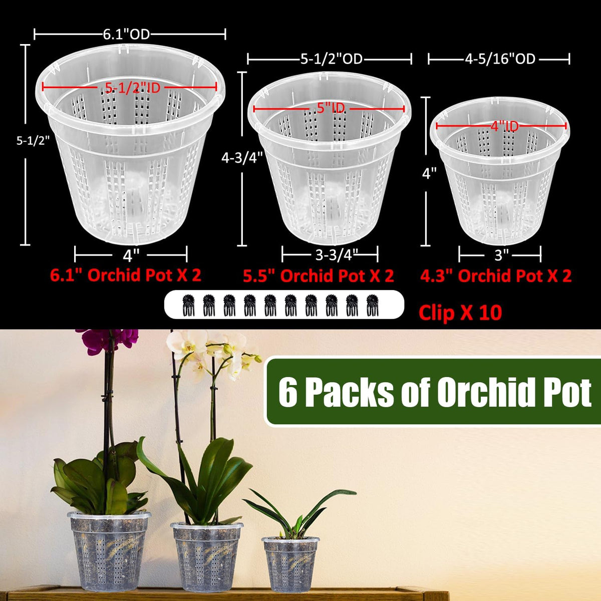 Orchid Pot, 2 Each of 4.3",5.5",6.1" Orchid Pots with Holes, Orchid Pots for Repotting, Plastic Orchid Planter for Indoor Outdoor Plants (2 Each of 4.3",5.5",6.1")