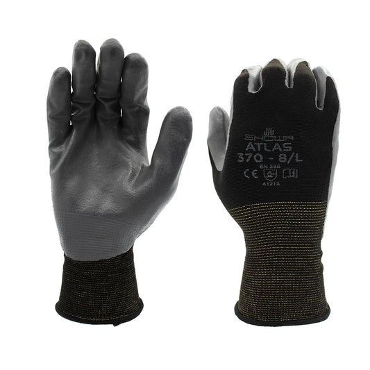 SHOWA Atlas 370 Nitrile Palm Work Gloves, Black, Medium, 12-Pack