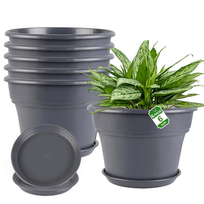 Myfeegoin 10-inch-Plant-Pots-Indoor-Outdoor, 4 Pack Plastic Planters with Drainage Holes & Saucers, Resin Flower Pots with Trays, Classic Garden Pot Container for House