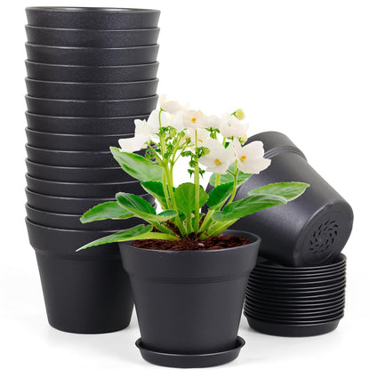 Meowell 4 inch Small Plastic Nursery Pots, 16 Pack Plant Pots for Indoor Outdoor Plants, Flower Pots with Drainage Holes and Saucers, Decorative Seedling Starter Planters for House Plants, Terracotta
