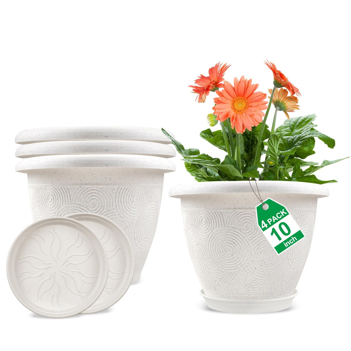 Fodetyff 8 Inch Flower Pots Planters for Indoor Outdoor Plants, 4 Pack Plastic Small Plant Pots with Drainage Hole & Tray, Modern Decorative Garden Pot with Saucer, Plant Container for House