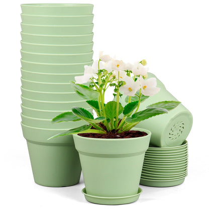 Meowell 4 inch Small Plastic Nursery Pots, 16 Pack Plant Pots for Indoor Outdoor Plants, Flower Pots with Drainage Holes and Saucers, Decorative Seedling Starter Planters for House Plants, Terracotta