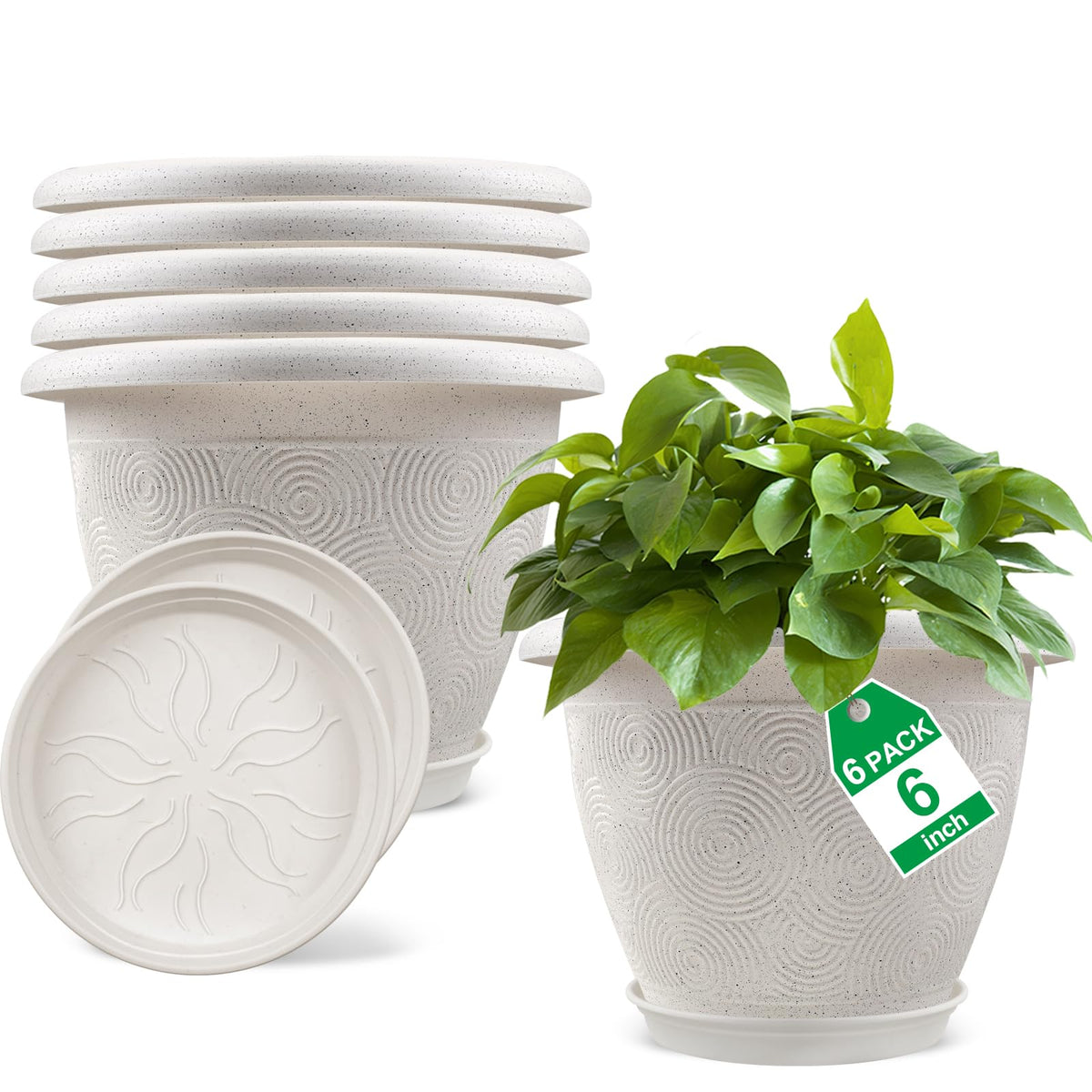 Fodetyff 8 Inch Flower Pots Planters for Indoor Outdoor Plants, 4 Pack Plastic Small Plant Pots with Drainage Hole & Tray, Modern Decorative Garden Pot with Saucer, Plant Container for House