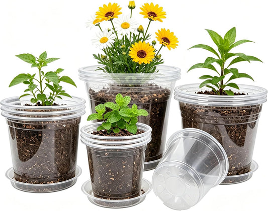4/5/6/7 Inch 20 Pack Clear Plastic Nursery Pots with Drainage and Saucer
