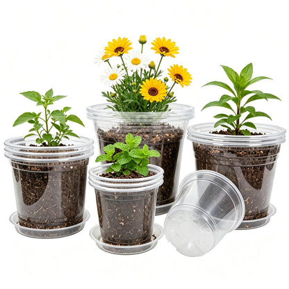 4/5/6/7 Inch 20 Pack Clear Plastic Nursery Pots with Drainage and Saucer