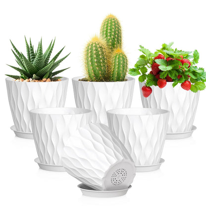 Meowell 7/6.5/6/5.5/5/4.5/4 inch Plant Pots for Indoor Outdoor Plants, 7 Pack Thick Flower Pots with Drainage Holes and Saucers, Modern Wave Texture Small Plastic Planters Nursery Pots, Multicolor