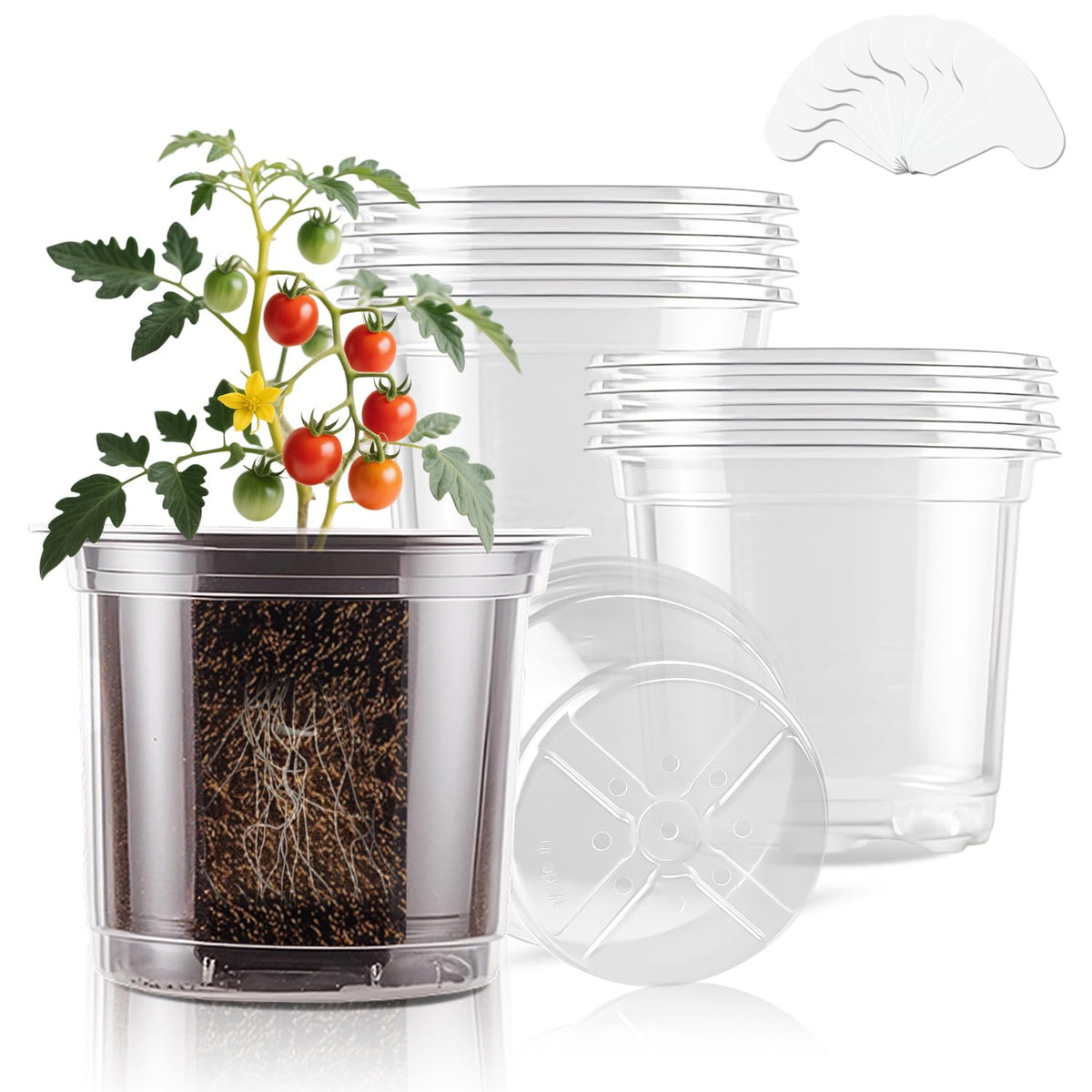 SupKing Clear Nursery Pots 5/4/3.5 Inch Plastic Seed Starter Plant Flower Pot with Drainage Holes for Transplanting Succulents Cuttings Seedlings 15 Labels (12Pcs)