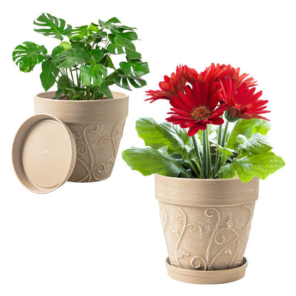 Melphoe Plant Pots Indoor with Drainage & Saucer, 2Pack 7 inch Flower Pots Outdoor Planters for Indoor Plants Garden Home Decor Cactus Succulent, Rigid Plastic (Imitation-Terracotta) Vine-Embossed