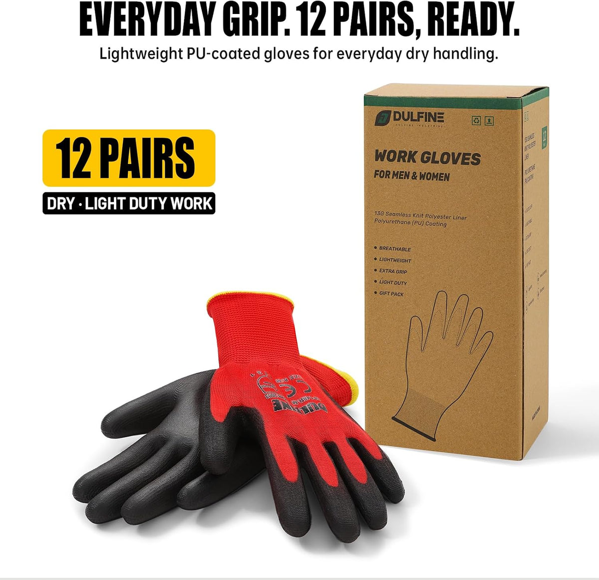 DULFINE Safety Work Gloves for Men & Women 12 Pairs, PU Coated Red L