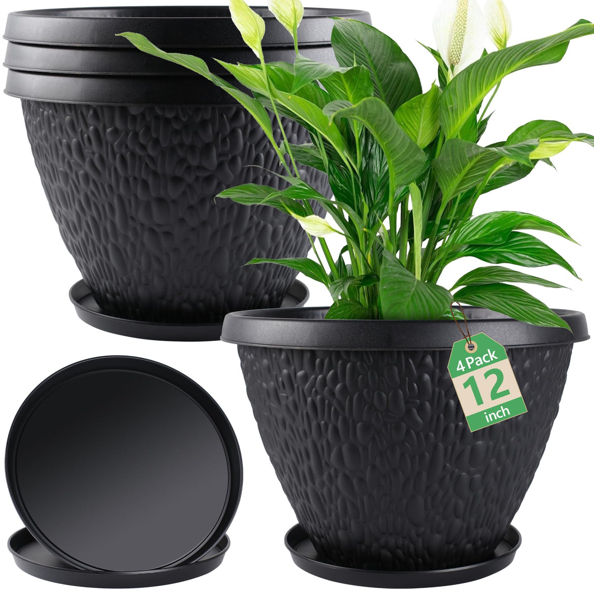 Nooulap 4 Pack 10 Inch Flower Pots, Plastic Outdoor Planters, Gray