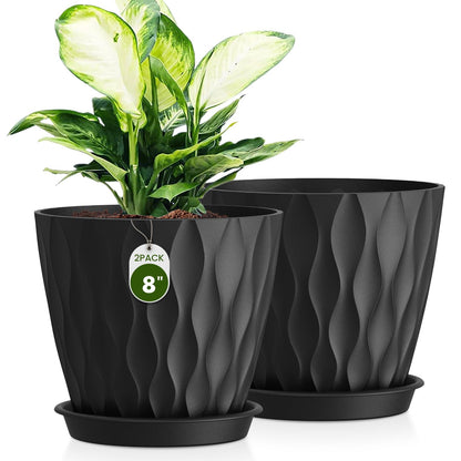 8 Inch Plant Pots 4 Pack Plastic Planters with Drainage & Saucers
