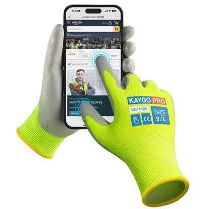 KAYGO Safety Work Gloves for Men Women, PU Coated Palm & Fingers, KG11P