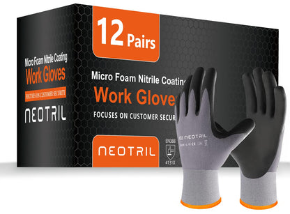 NEOTRIL Safety Work Gloves MicroFoam Nitrile Coated-3/6/12/36 Pairs,Breathable Nylon Working Gloves for Men Women
