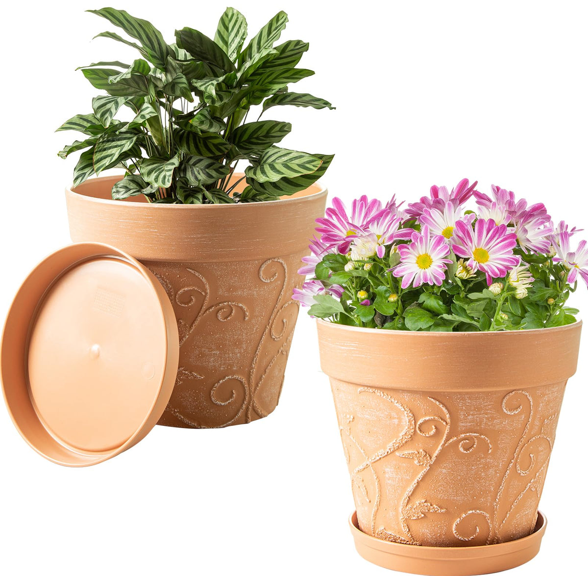Melphoe Plant Pots Indoor with Drainage & Saucer, 2Pack 7 inch Flower Pots Outdoor Planters for Indoor Plants Garden Home Decor Cactus Succulent, Rigid Plastic (Imitation-Terracotta) Vine-Embossed