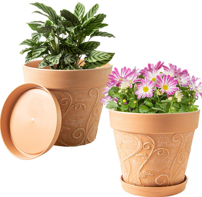 Melphoe Plant Pots Indoor with Drainage & Saucer, 2Pack 7 inch Flower Pots Outdoor Planters for Indoor Plants Garden Home Decor Cactus Succulent, Rigid Plastic (Imitation-Terracotta) Vine-Embossed