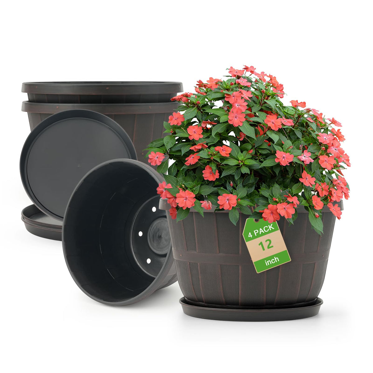 Quarut 4 Pack 10 inch Flower Pots,Plastic Plants Pots Outdoor