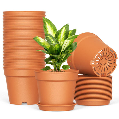 10 Pack 6 Inch Plant Pots with Drainage and Saucers, White Plastic Flower Pots for Indoor and Outdoor Plants, Stackable Nursery Planters for Houseplants and Herbs, White