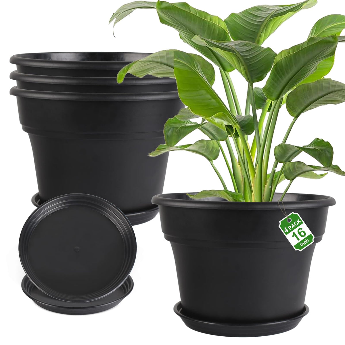Myfeegoin 10-inch-Plant-Pots-Indoor-Outdoor, 4 Pack Plastic Planters with Drainage Holes & Saucers, Resin Flower Pots with Trays, Classic Garden Pot Container for House