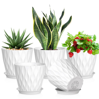 Meowell 7/6.5/6/5.5/5/4.5/4 inch Plant Pots for Indoor Outdoor Plants, 7 Pack Thick Flower Pots with Drainage Holes and Saucers, Modern Wave Texture Small Plastic Planters Nursery Pots, Multicolor