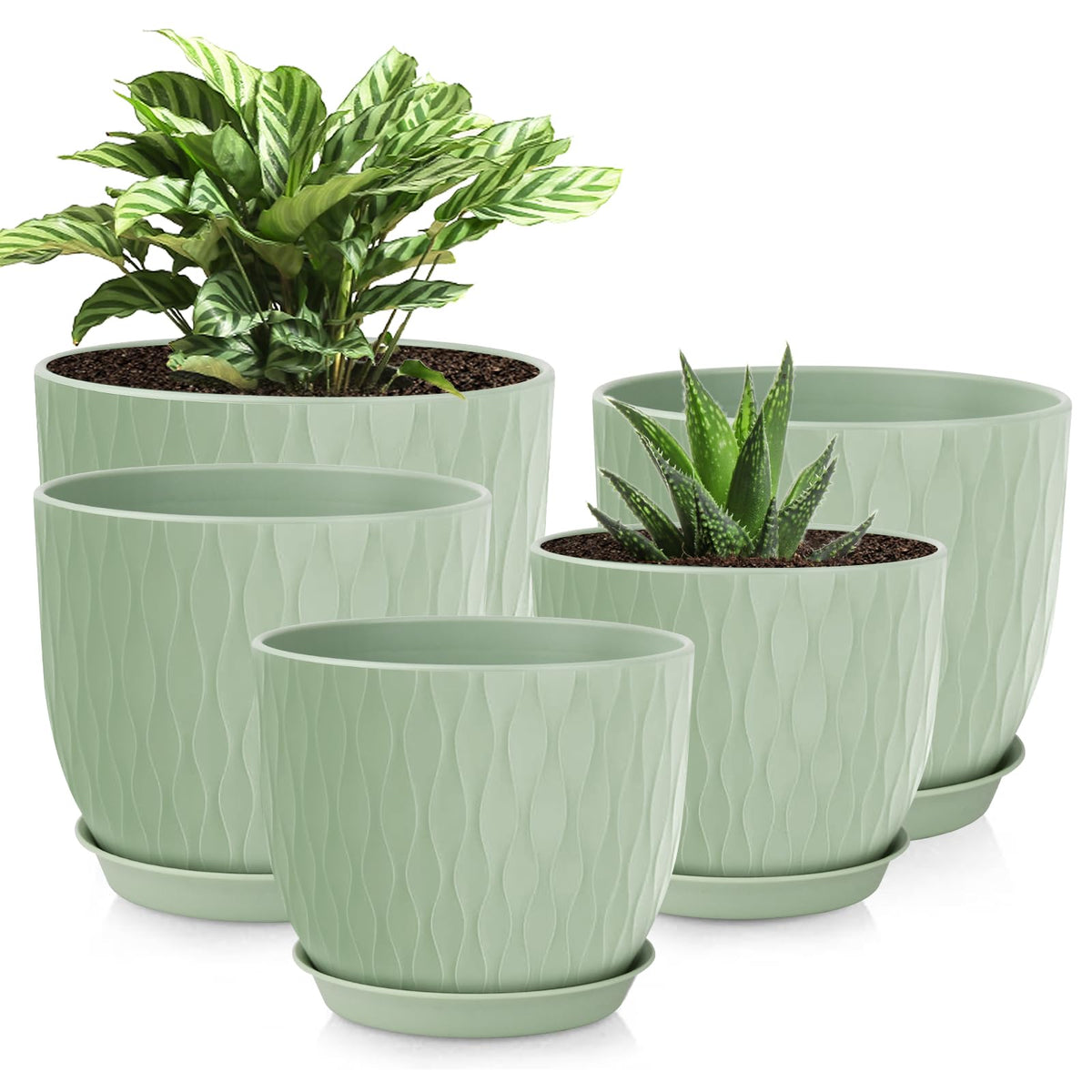 Plastic Plant Pots 10/9/8/7.5/7 inch Set of 5, Flower Planters with Drainage Holes and Saucers, Plastic Pots for Indoor Outdoor Plants, Livingroom Garden Decor (White)