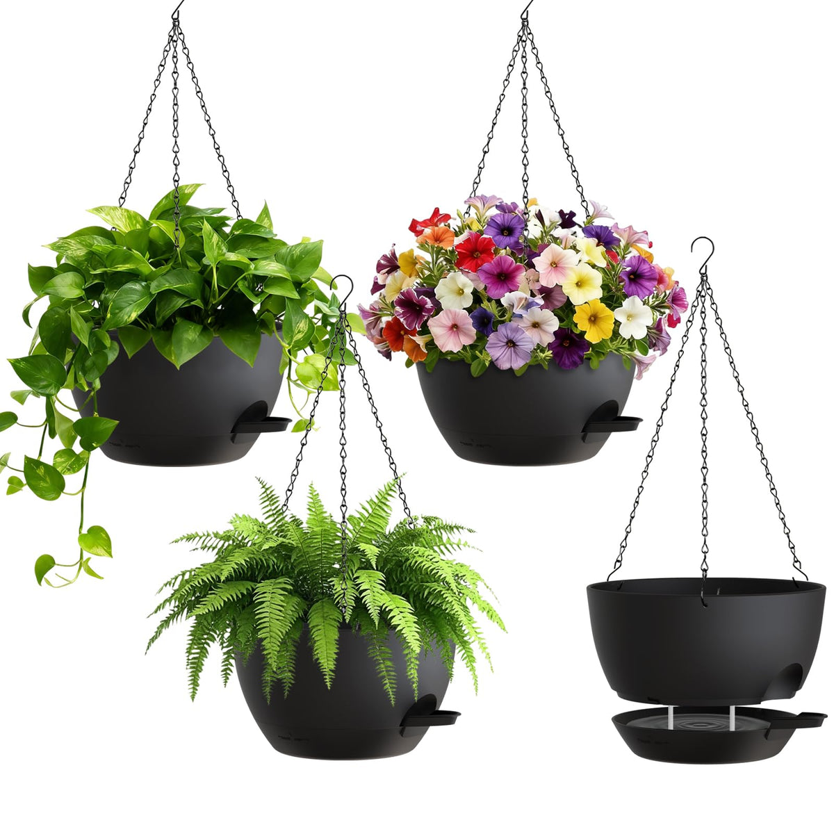 UOUZ Set of 3-10 Inch Self Watering Hanging Planters for Indoor Outdoor，Hanging Plant Pots with Drainage & Removable Tray, Hanging Pots Holder for Ivy, Pothos, Ferns, Balcony & Patio, Black with Brown