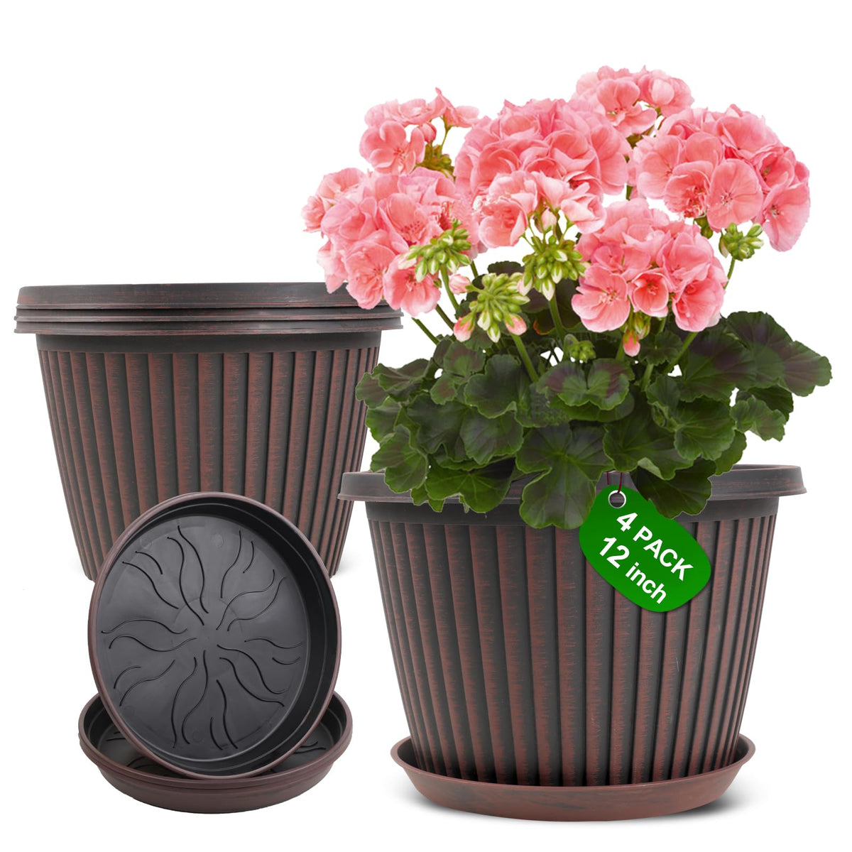 Myfeegoin Planter-Pots-for-Plants-Indoor-Outdoor, 4 Pack 10 Inch Plastic Flower Pots with Saucer & Drainage Holes, Modern Garden Planters for Planting Medium Large Plants，Decorative Resin Garden Pots
