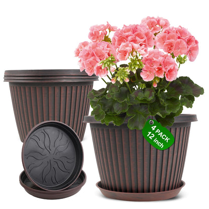 Myfeegoin Planter-Pots-for-Plants-Indoor-Outdoor, 4 Pack 10 Inch Plastic Flower Pots with Saucer & Drainage Holes, Modern Garden Planters for Planting Medium Large Plants，Decorative Resin Garden Pots