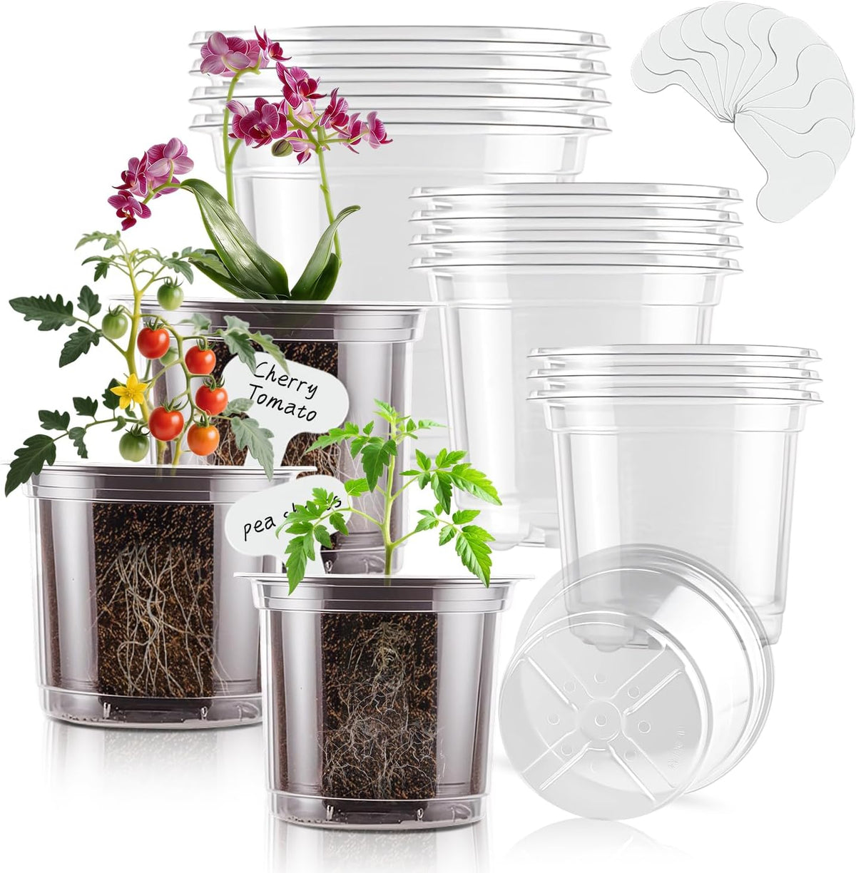 SupKing Clear Nursery Pots 5/4/3.5 Inch Plastic Seed Starter Plant Flower Pot with Drainage Holes for Transplanting Succulents Cuttings Seedlings 15 Labels (12Pcs)
